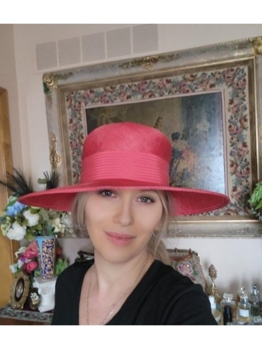 GALANOS Vintage Red Straw Wide Brim Hat Designer Breton Style Statement Hat